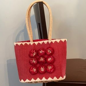 Cute Red Straw Tote Bag With Flowers